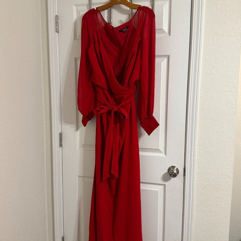 Badgley Mischka Red Chiffon Faux Wrap Long Sleeve Gown Size 18 Formal